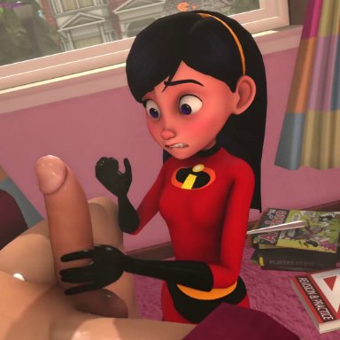 fhd, marvel comics, the incredibles, violet parr, rapetacular, 1boy, 1girl, bath toy, biting, black gloves, black hair, blush, book (object), breasts, clenched teeth