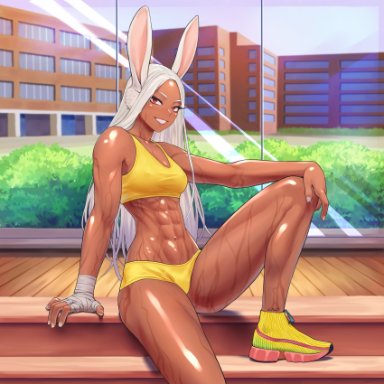 my hero academia, miruko, rumi usagiyama, calad g, 1girls, abs, athletic female, bunny ears, dark-skinned female, looking at viewer, red eyes, sitting, small breasts, sports bra, sweaty