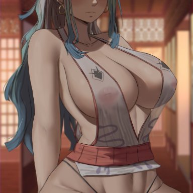 one piece, yamato (one piece), savagexthicc, 1girls, big breasts, black thong, blue hair, curvy, curvy figure, earrings, female, female only, horns, large breasts, long hair