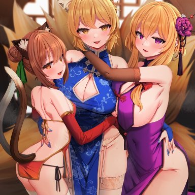 touhou, chen, ran yakumo, yukari yakumo, marota (imyme maro), 3girls, animal ears, animal girl, arm around neck, blonde hair, blush, brown hair, cat ears, cat tail, fangs