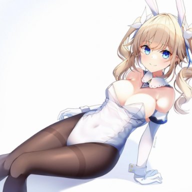 genshin impact, barbara, barbara (genshin impact), bangs, belly button, big breasts, blonde hair, blue eyes, bunny ears, bunnysuit, collar, collar only, female, female only, gloves