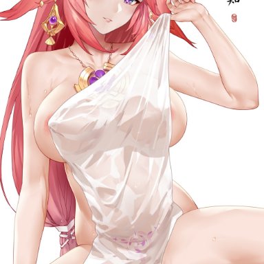 genshin impact, yae miko, da mao banlangen, 1girls, animal ears, bangs, blush, breasts, covered nipples, cum, cumdrip, earrings, female, female only, fox ears