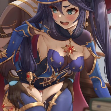 genshin impact, aether (genshin impact), mona (genshin impact), momo no sukebe, 1boy, bangs, between thighs, black hair, blonde hair, blush, breasts, cleavage, cum, cum on body, eyebrows visible through hair