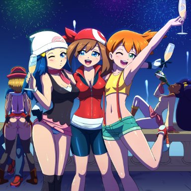 new year, nintendo, pokemon, pokemon (anime), dawn (pokemon), iris (pokemon), kasumi (pokemon), may (pokemon), satoshi (pokemon), serena (pokemon), reit, 1boy, 5girls, ;), alcohol