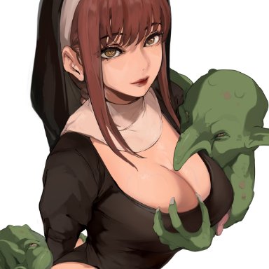 chainsaw man, makima (chainsaw man), mamimi (artist), 1girls, 3boys, big breasts, big butt, big penis, braided hair, braided ponytail, breasts, eye contact, female, goblin, huge breasts