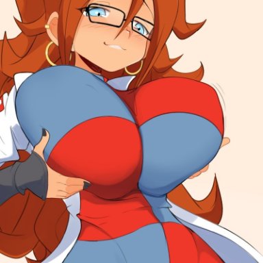dragon ball, dragon ball fighterz, android 21, android 21 (human), jellcaps, android, big breasts, blue eyes, blush, bouncing breasts, cameltoe, cleavage, earrings, glasses, golden earrings