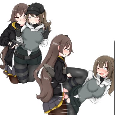 girls' frontline, dima (girls' frontline), ump45 (girls' frontline), physisyoon, 1futa, 1girls, afraid, bad trigger discipline, blush, breasts, clothed, clothing, duo, female, forced