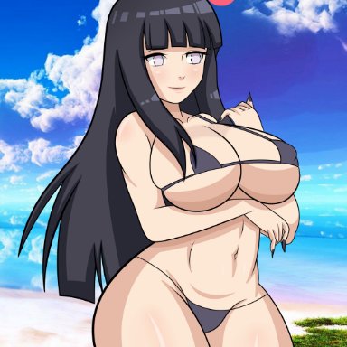 naruto, naruto: the last, naruto (series), naruto shippuden, shounen jump, hyuuga hinata, raydonxd, 1girls, beach, belly button, big breasts, bikini, bikini bottom, bikini top, black bikini