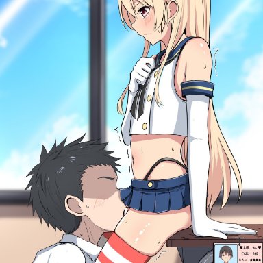 kantai collection, shimakaze-kun, baretto (karasi07), 2boys, bare shoulders, black hair, black panties, blonde hair, blush, cosplay, crossdressing, desk, elbow gloves, fellatio, femboy