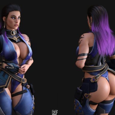 valorant, reyna (valorant), rude frog, 1girls, ass, black hair, breasts, cleavage, female, female only, large breasts, multicolored hair, purple eyes, purple hair, solo