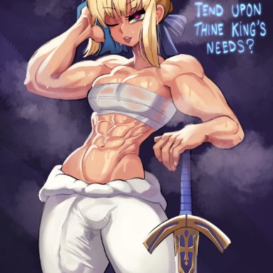 fate/grand order, fate/stay night, fate (series), artoria pendragon, gattles, 1futa, ball bulge, balls, bandages, bandages around chest, big balls, big breasts, big penis, blonde hair, breasts