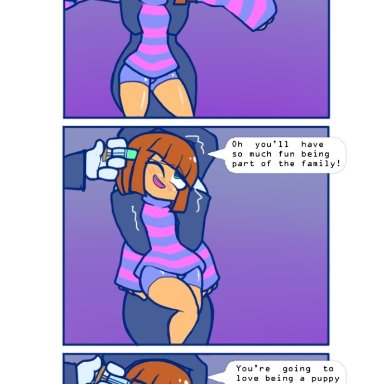 undertale, frisk, evenytron, booty shorts, femboy, hypnosis, leash, mind break, mind control, slave, syringe, topless