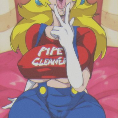 mario (series), nintendo, super mario bros., princess peach, csmutrun, 1girls, big breasts, blonde hair, breasts, crop top, gloves, jeans, large breasts, long hair, nipple bulge