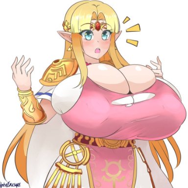 legend of zelda, super smash bros., princess zelda, zelda (a link between worlds), alphaerasure, 1girls, 5 fingers, alternate breast size, big breasts, breast expansion, breasts, dress, female, female only, huge breasts