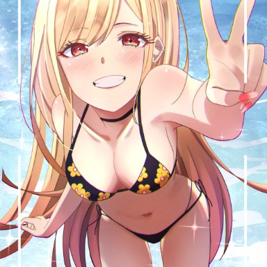 sono bisque doll wa koi wo suru, kitagawa marin, mxsoundtube, bangs, barbell piercing, bikini, black bikini, black collar, blonde hair, breasts, cleavage, collar, cowboy shot, ear piercing, earrings