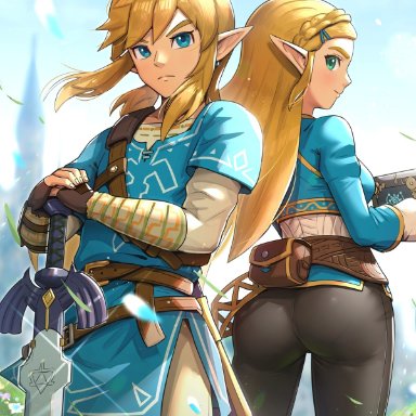 the legend of zelda, link, link (breath of the wild), princess zelda, zelda (breath of the wild), gonzarez, 1boy, 1boy1girl, 1girls, ass, blonde hair, blue eyes, elf, green eyes, long hair