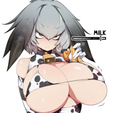 kemono friends, shoebill (kemono friends), slugbox, 1girl, animal print, bangs, bare shoulders, bell, big breasts, bikini, blonde hair, bouncing breasts, breasts, burst, bursting breasts