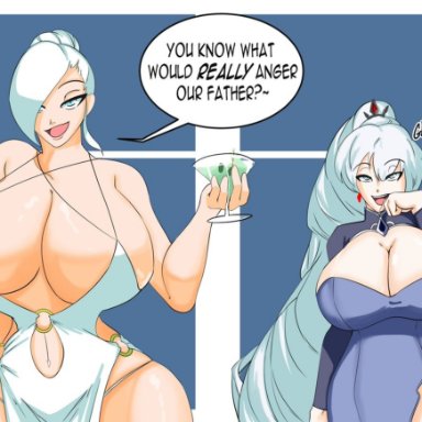 rwby, weiss schnee, winter schnee, ghostnerdy, 2girls, glass cup, large breasts, long hair, sisters, white hair, wine glass