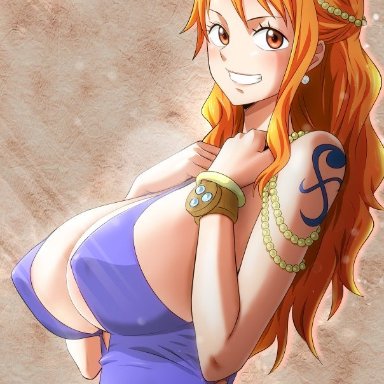 one piece, nami, minpei ichigo, 1girls, big breasts, breasts, dress, female, female only, grin, huge breasts, jewelry, log pose, long hair, looking at viewer