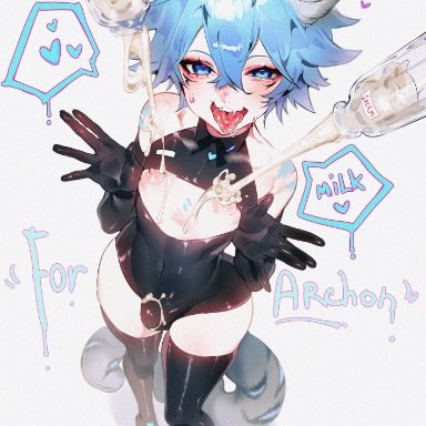 archon eclipse, akishycat, ahe gao, black clothing, blue eyes, blue hair, bulge, bulge through clothing, catboy, cum, cum shower, femboy, leather, nipples, tail