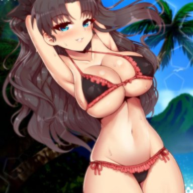 fate/kaleid liner prisma illya, fate/stay night, fate (series), tohsaka rin, virus-g, alternate breast size, arm behind head, arm up, armpits, bikini, black bikini, blue eyes, breasts, brown hair, cleavage