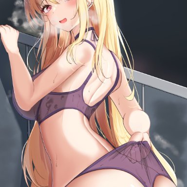 sono bisque doll wa koi wo suru, kitagawa marin, ass, back, bangs, blonde hair, blush, breath, curvy, eyebrows visible through hair, female, long hair, looking back, mitty7, open mouth