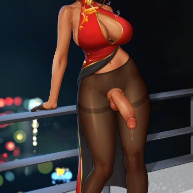 kaf3art, 1futa, balls, bare shoulders, big breasts, big penis, breasts, brown hair, china dress, chinese clothes, cleavage cutout, clenched teeth, clothed, clothing, dark-skinned futanari