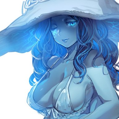 elden ring, ranni the witch, bow (bhp), blue eyes, blue hair, blue skin, breasts, cleavage, closed mouth, colored skin, extra arms, female, hat, large breasts, long hair