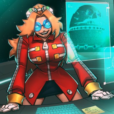 sega, sonic (series), sonic the hedgehog (series), dr. eggman, dr robotnik, immrskull, 1girl, big breasts, blue-tinted eyewear, brown hair, crazy eyes, female, fully clothed, glasses, gloves