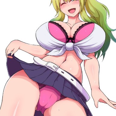 miss kobayashi's dragon maid, quetzalcoatl (dragon maid), ponpo, alternate costume, alternate hairstyle, ass, ass visible through thighs, bangs, belt, blush, bra, breasts, collarbone, female, horns