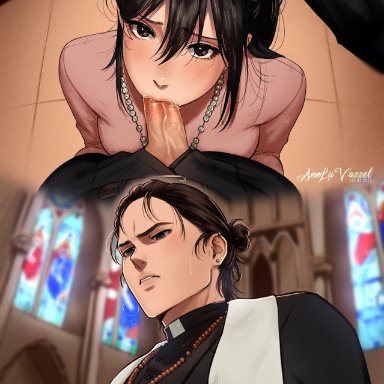 attack on titan, eren jaeger, mikasa ackerman, annluvazzel, blowjob