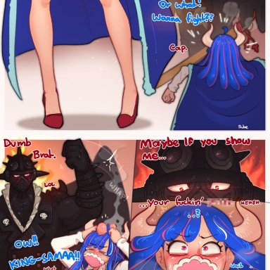 one piece, king (one piece), ulti (one piece), justrube, rube, 1boy, 1girls, anus, ass, blue hair, blush, bullying, female, heavy blush, horns