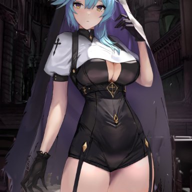 genshin impact, eula (genshin impact), dolri, 1girls, alternate costume, big breasts, blue hair, breasts, busty, church, cleavage, clothing, female, female only, garter straps