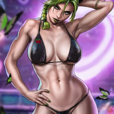 jojo's bizarre adventure, jolyne kujo, dandon fuga, 1girls, abs, arm behind head, arm tattoo, arm up, armpit, bare arms, bare shoulders, bare skin, big breasts, bikini, bikini bottom