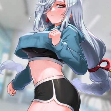 genshin impact, shenhe (genshin impact), burnt green tea, aqua nails, ass, black shorts, blue eyes, blurry, blurry background, blush, braid, braided ponytail, breasts, crop top, crop top overhang