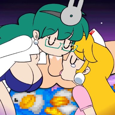 konami, parodius, parodius animation (minus8), akane (parodius), hikaru (parodius), minus8, 1boy, 2girls, animal ears, aqua hair, ball lick, ball sucking, bent over, blonde hair, blowjob