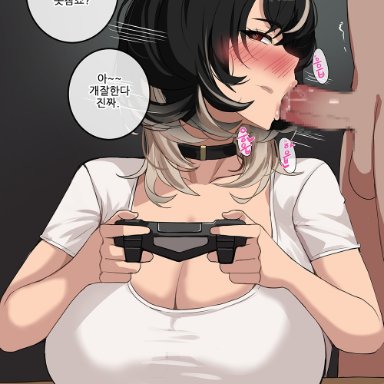 original, original character, drogod (artist), 1boy, 1girls, big breasts, black hair, blowjob, choker, cleavage, erection, fellatio, female, game controller, grey hair