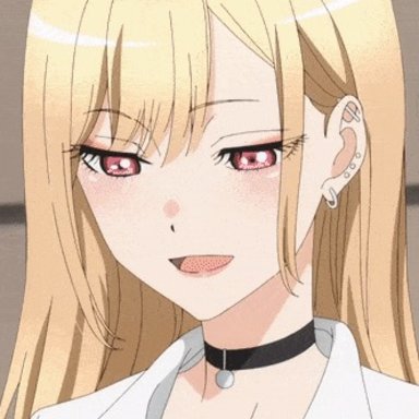 sono bisque doll wa koi wo suru, kitagawa marin, bangs, black choker, blonde hair, bra, breasts, choker, cleavage, collarbone, ear piercing, earrings, eyebrows visible through hair, female, gif artifacts