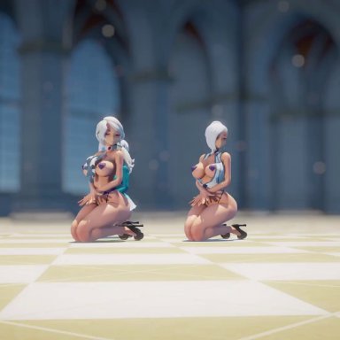 rwby, weiss schnee, willow schnee, winter schnee, jic jic, 3girls, ass, belt, blurry, breasts, choker, clothing, dress, female only, high heels