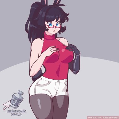 supersatanson, 1girls, 5 fingers, alternate breast size, bare shoulders, big breasts, black hair, blinking, blue eyes, booboom milk, bouncing breasts, bra, breast expansion, breast inflation, breasts