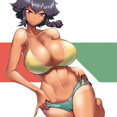 girls und panzer, pepperoni (girls und panzer), sasaki tatsuya, :q, adjusting bow, bangs, barefoot, bikini, bikini shorts, bikini tan, bikini top only, bow, breasts, cleavage, closed mouth