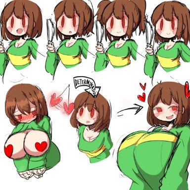 undertale, chara, petronoise, alternate hairstyle, blush, brown hair, cute, horny, huge breasts, hypnosis, hypnotized personality change, knife, looking at viewer, red eyes, colored