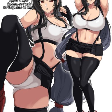 final fantasy, final fantasy vii, final fantasy vii remake, square enix, tifa lockhart, drogod (artist), 1girls, black hair, breasts, cleavage, clothed, clothed female, crop top, fair-skinned female, fair skin