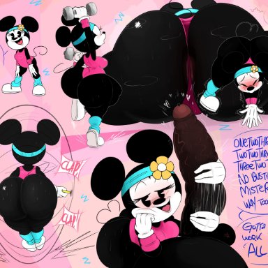 disney, minnie mouse, ota (artist), 1girls, anthro, ass, big ass, black eyes, black fur, blush, exercise, female, flower, handjob, headband