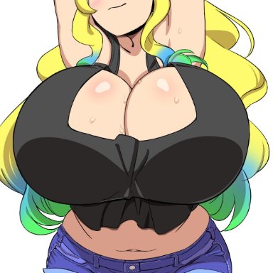 miss kobayashi's dragon maid, quetzalcoatl (dragon maid), imaani, 1girls, big breasts, breasts, breasts bigger than head, female, hat, heterochromia, horns, huge breasts, legwear, multicolored hair, shorts