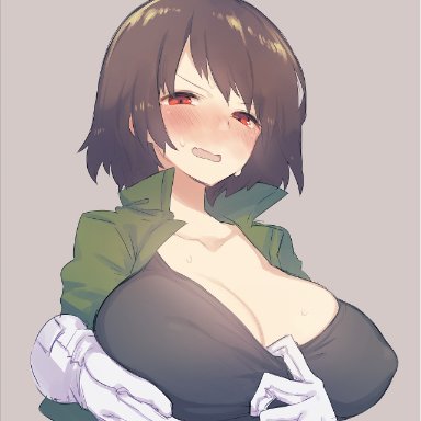 undertale, chara, oshiruko (tsume), 1girls, aroused, blush, brown hair, disembodied hand, embarrassed, hand on breast, huge breasts, large breasts, looking at viewer, pulling down shirt, red eyes