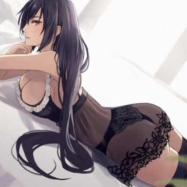 kantai collection, nagato (kantai collection), kasumi (skchkko), 1girls, ass, bed, bed sheet, black bra, black hair, black legwear, black panties, black thighhighs, blush, bra, cleavage