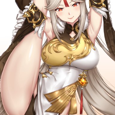 genshin impact, ningguang (genshin impact), yakimi 27, 1girls, armpits, bangs, bare shoulders, big breasts, blush, breasts, chinese clothes, detached sleeves, dress, elbow gloves, eyebrows visible through hair