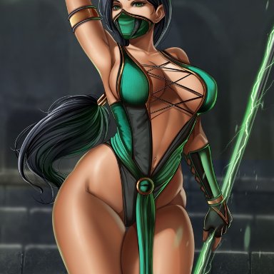 mortal kombat, mortal kombat (2011), jade (mortal kombat), flowerxl, alternative body build, bracelet, breasts, cleavage, detailed background, female, gloves, green clothing, green eyes, green hair, green mask