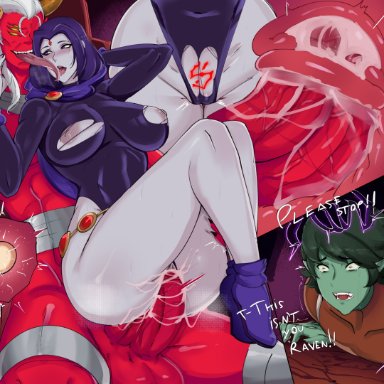 dc, teen titans, beast boy, raven, trigon, erovsaaaka, 1girls, 2boys, areolae, blush, breasts, crying, cuckold, cum, cum in pussy